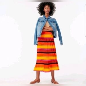 J.CREW Women's Pleated Midi Skirt Multicolor Orange/Red Striped Lined Sz 14T NWT